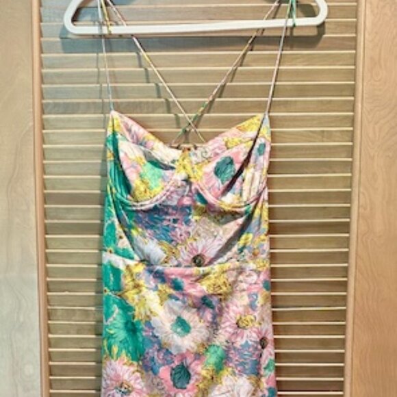 NWT Gala Bustier Cross Strap Midi Dress Color: Coral yellow floral Size XL - Picture 5 of 12